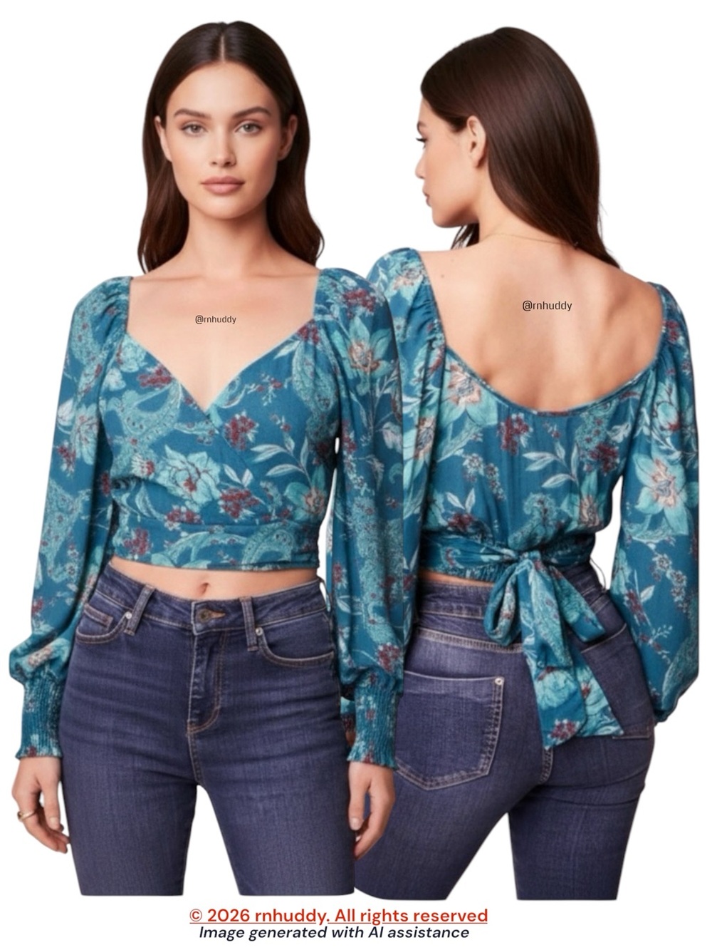 NWT Band of the Free L teal floral faux wrap top